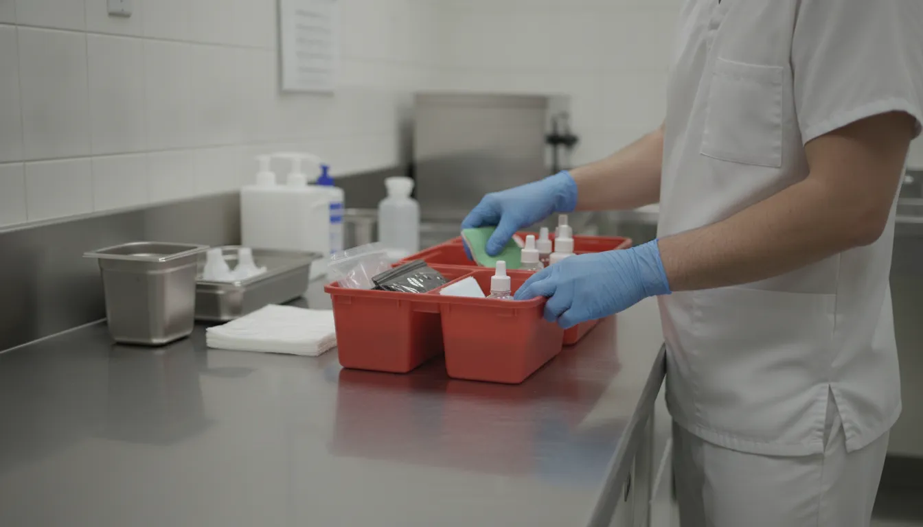 Gloved funeral home professional organizing a spill response kit beside a preparation-room counter