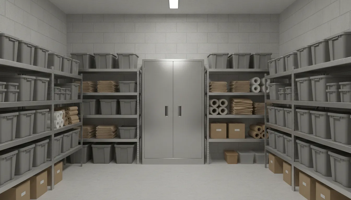 Organized storage cabinet and supplies in a forensic facility