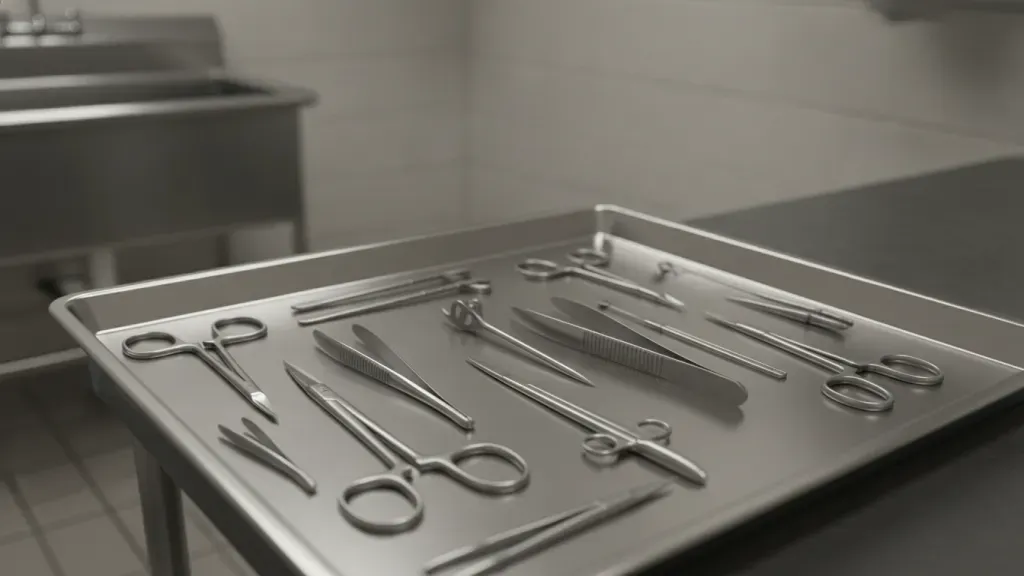 Stainless tray holding organized embalming tools for preparation-room work