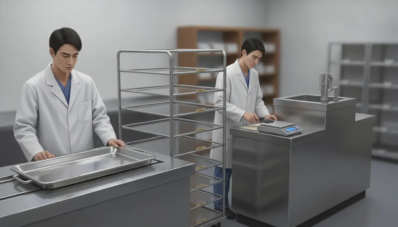 Pet crematory workflow with a transfer tray, cooling rack, and processing station