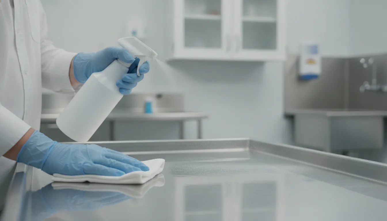 Funeral home professional in protective gloves sanitizing a stainless steel preparation table in a mortuary preparation room