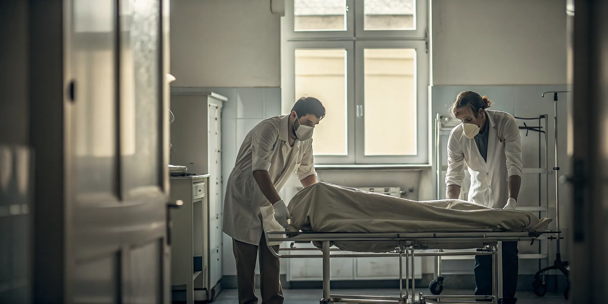 Funeral home removal staff in disposable gloves securing a heavy-duty transfer bag on a gurney