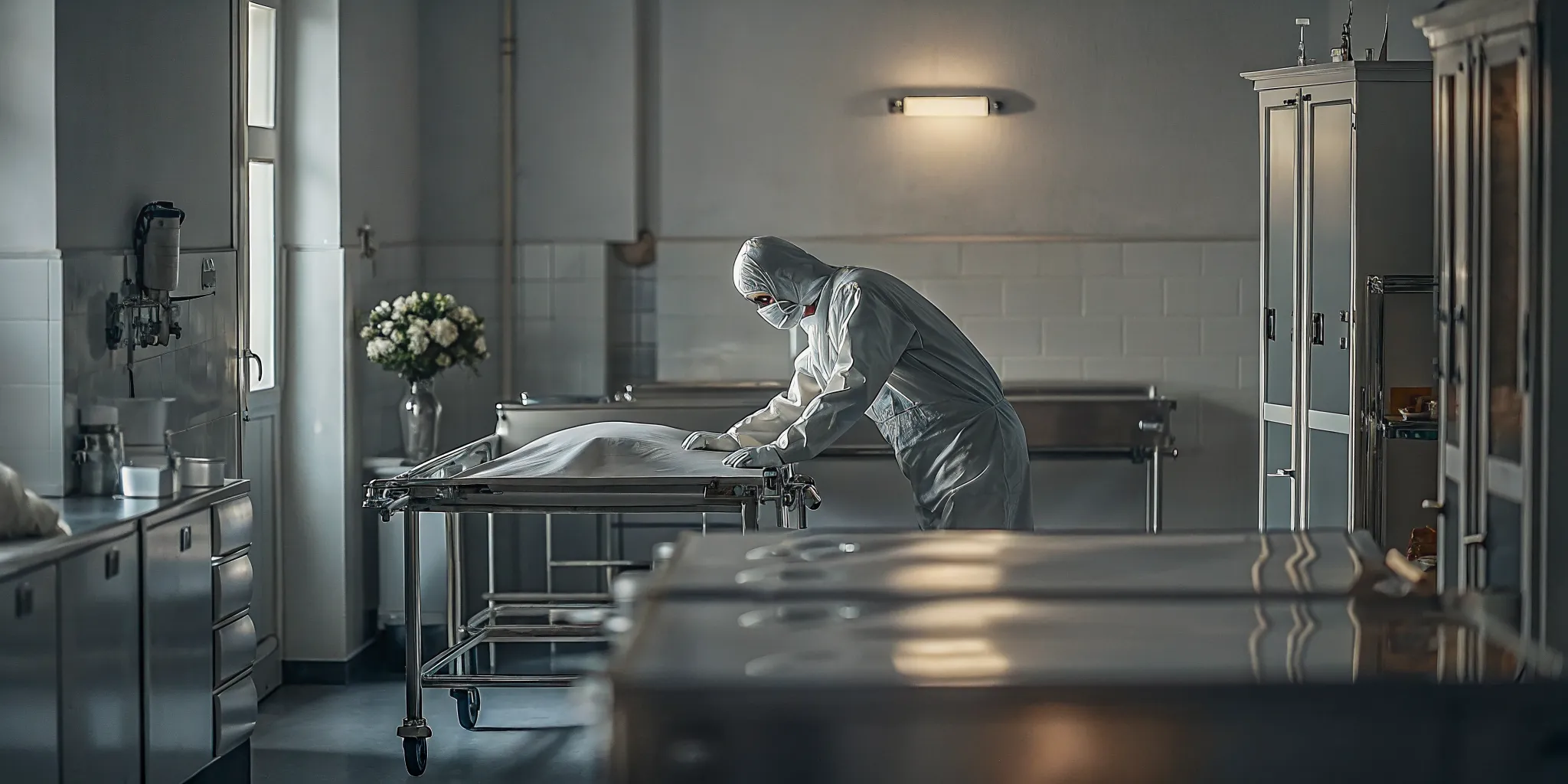Preparation professional working at a modern stainless steel embalming station in a clean preparation room