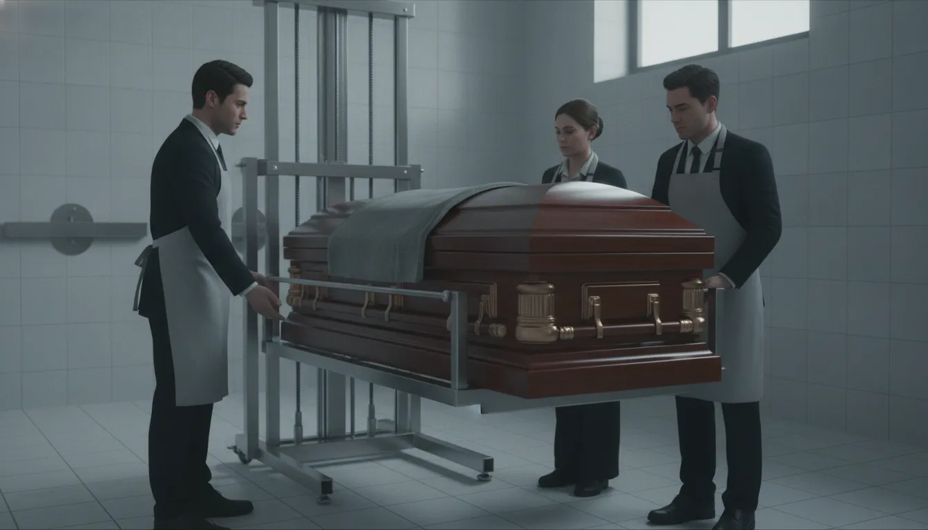 Funeral home staff operating a casket lift safely in a mortuary preparation room