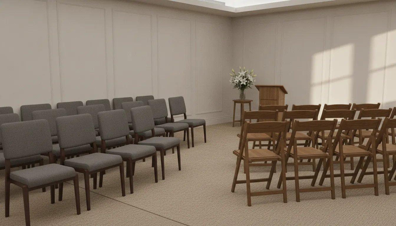 Padded and traditional stack chairs arranged in a funeral home chapel