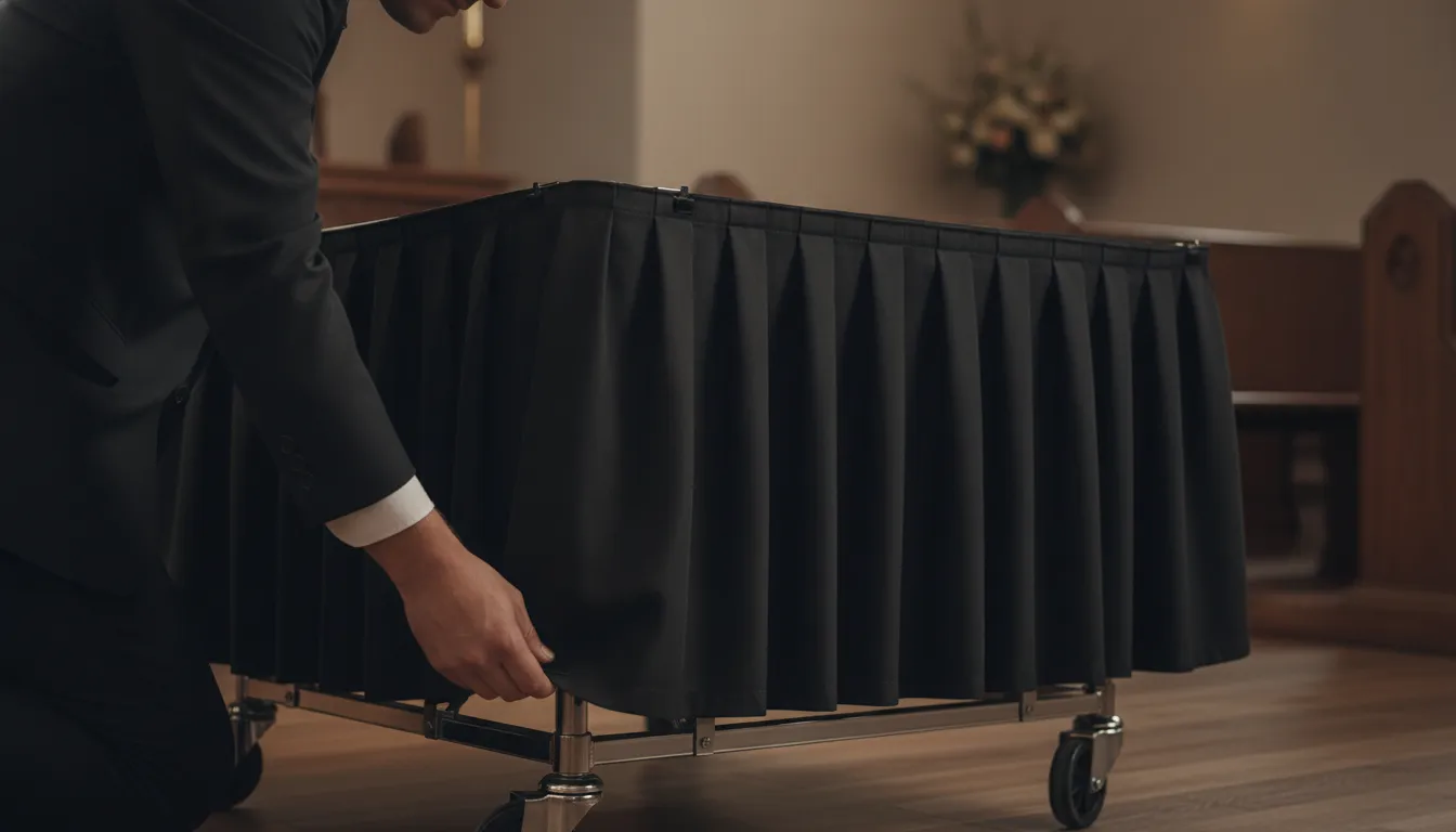 Funeral director securing a pleated black church truck skirt over a metal church truck frame in a chapel