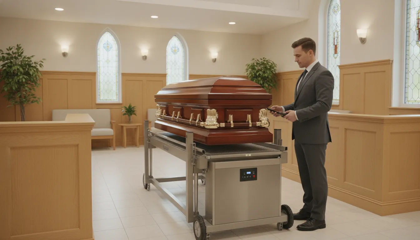 Battery-powered electric casket lift raising a casket between floors of a funeral home
