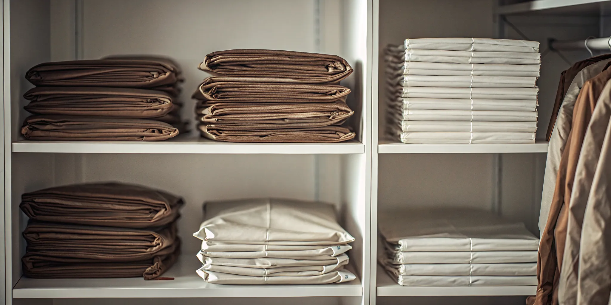Organized storage shelf with folded body bags in different sizes for funeral home removal inventory
