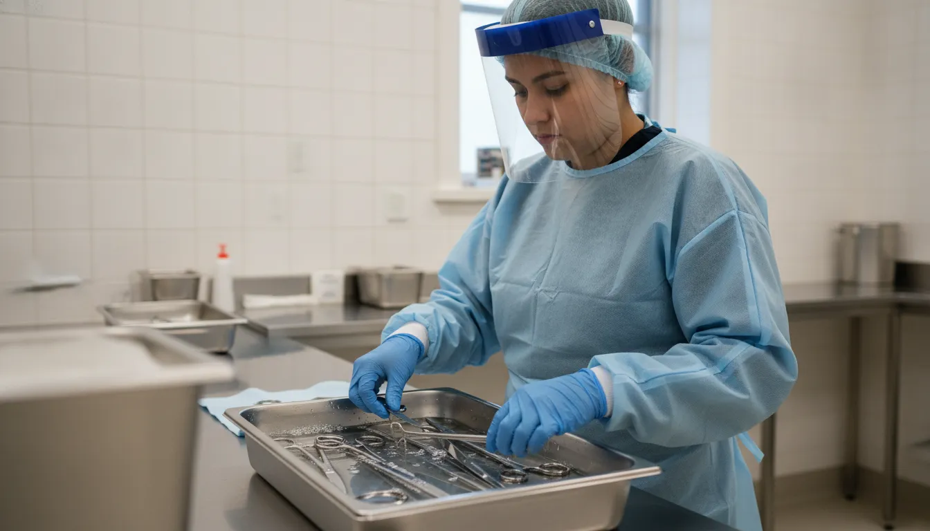 Funeral home worker in gloves and gown disinfecting reusable stainless steel instruments in the preparation room