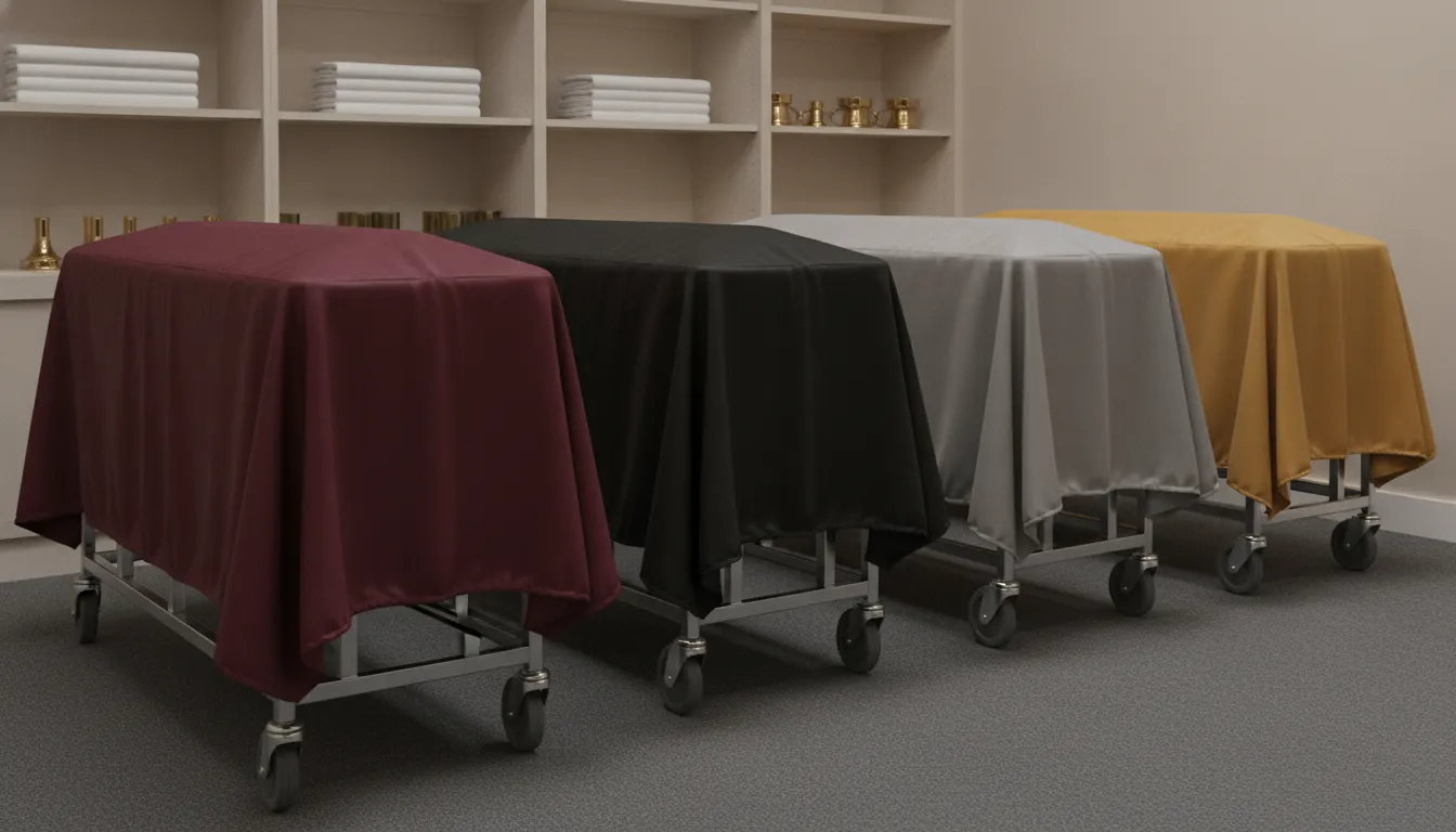 Elegant folded church truck skirts in burgundy, black, grey, and gold fabric arranged over trolleys in a funeral home supply room