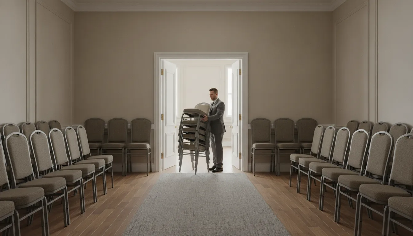 Funeral home staff checking church chair upholstery and frame