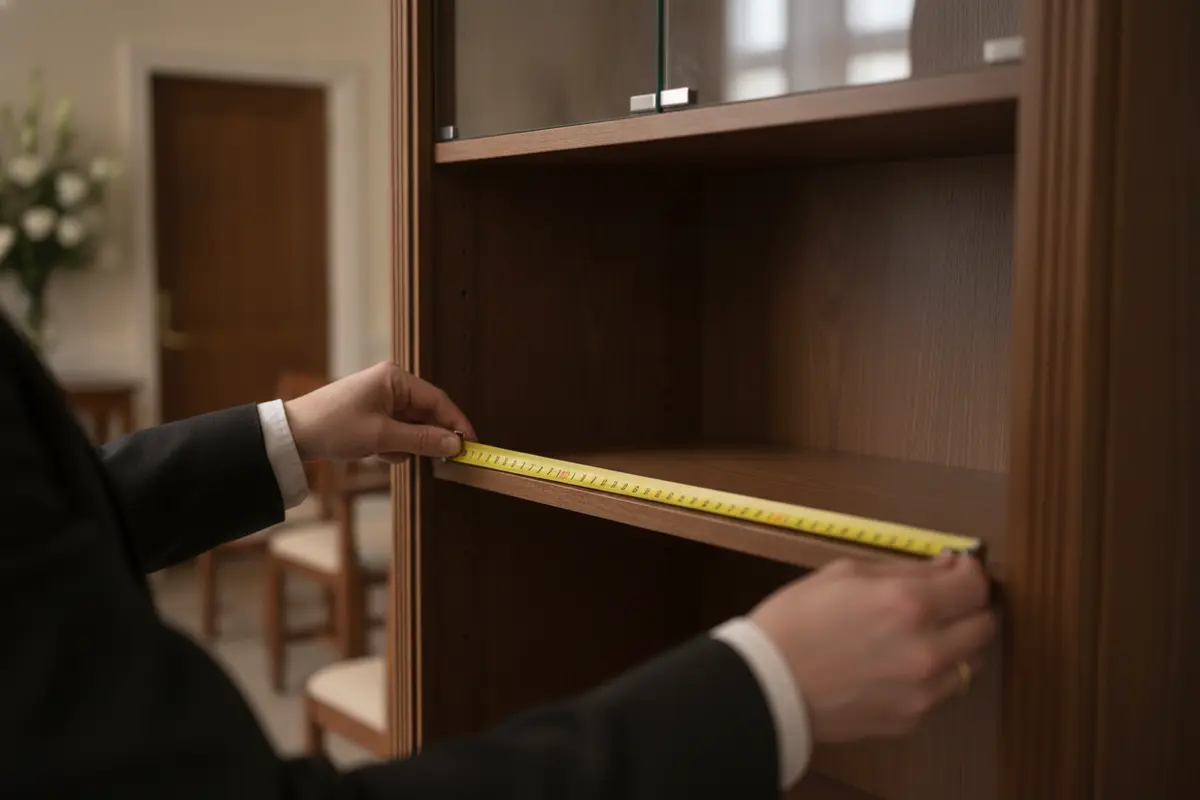 Measuring the shelf depth of an empty urn display cabinet