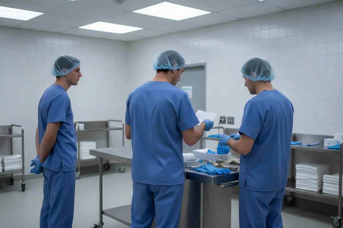 Mortuary staff planning tasks and checking protective supplies and handling aids