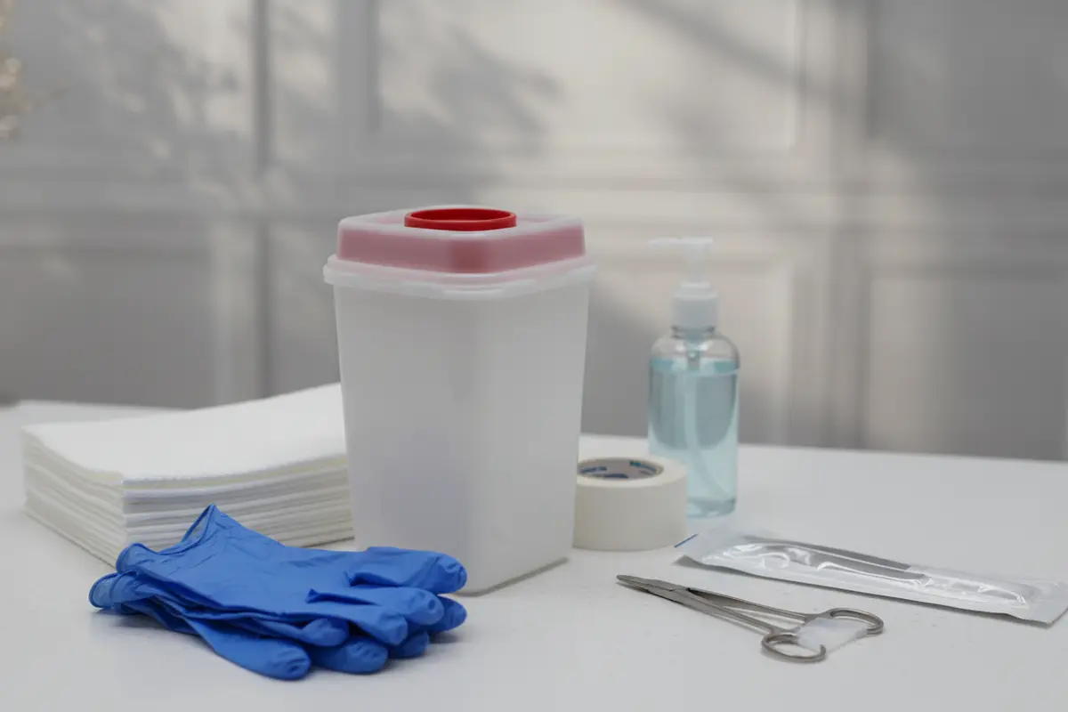 Neatly arranged gloves, safety supplies, and a labeled sharps container in a professional work area