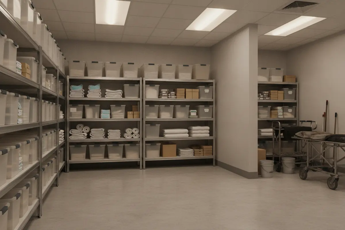 Organized mortuary safety supplies stored separately from used equipment