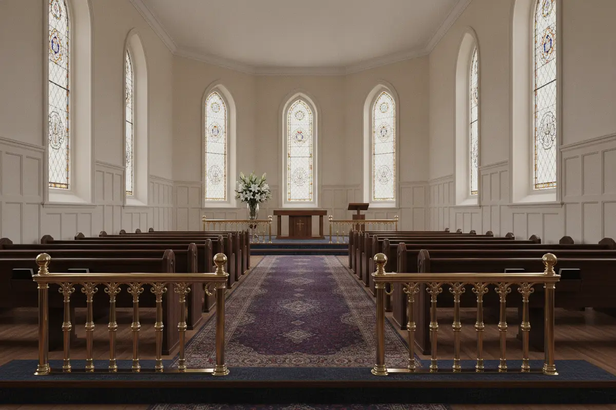 Prayer rail placement in relation to chapel seating and aisle
