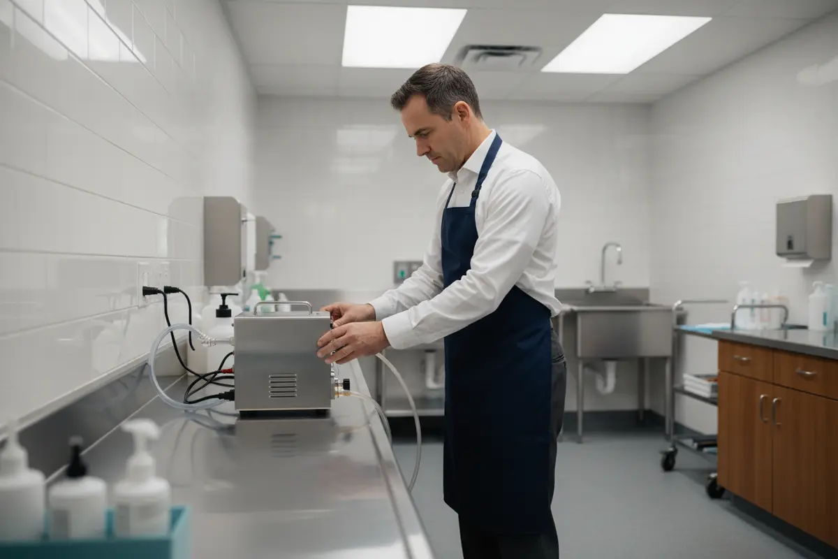 Professional inspecting an embalming pump and its connections