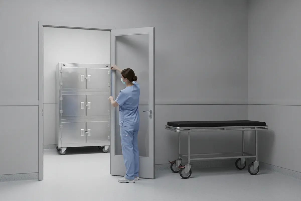 Staff assessing the clear transfer route and door opening to a roll-in mortuary cooler