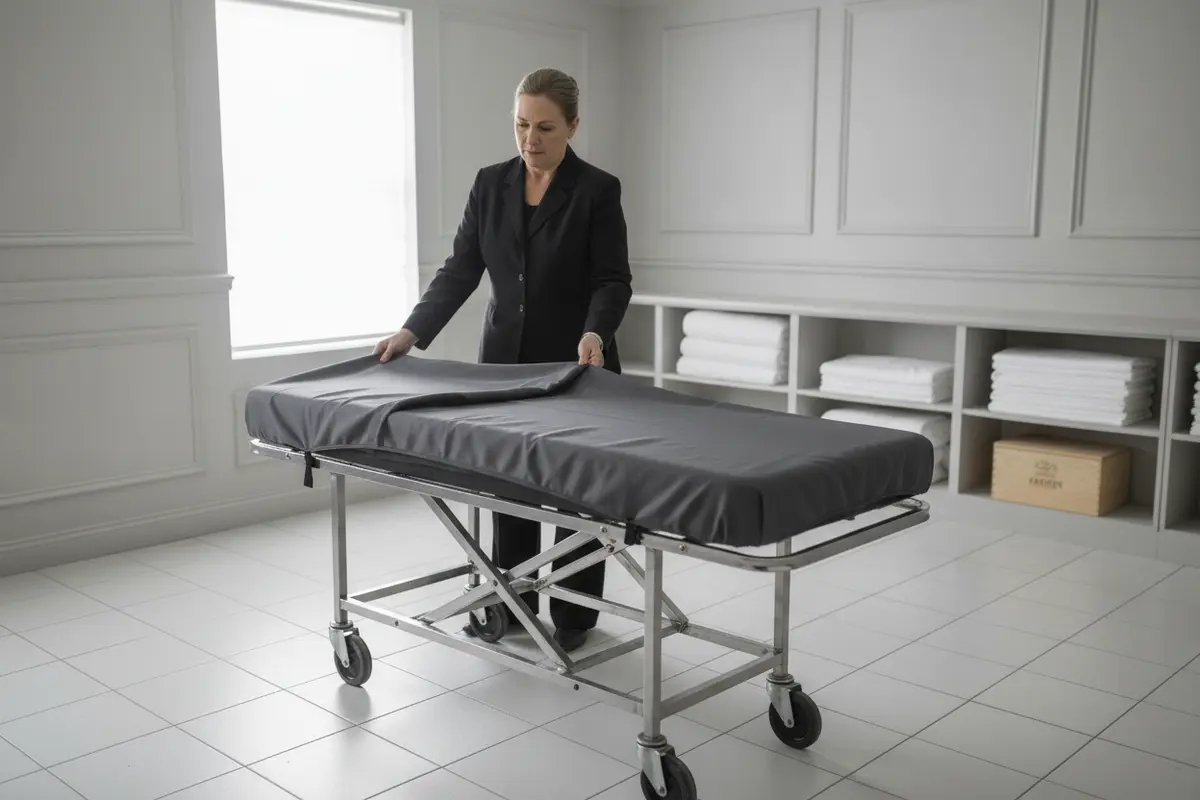 Staff member comparing a removal cot with its cover before use