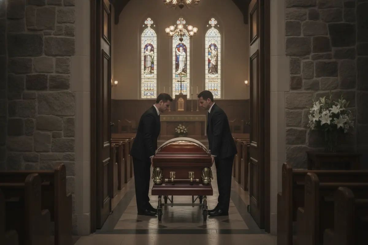 Staff positioning a casket transport device in a chapel