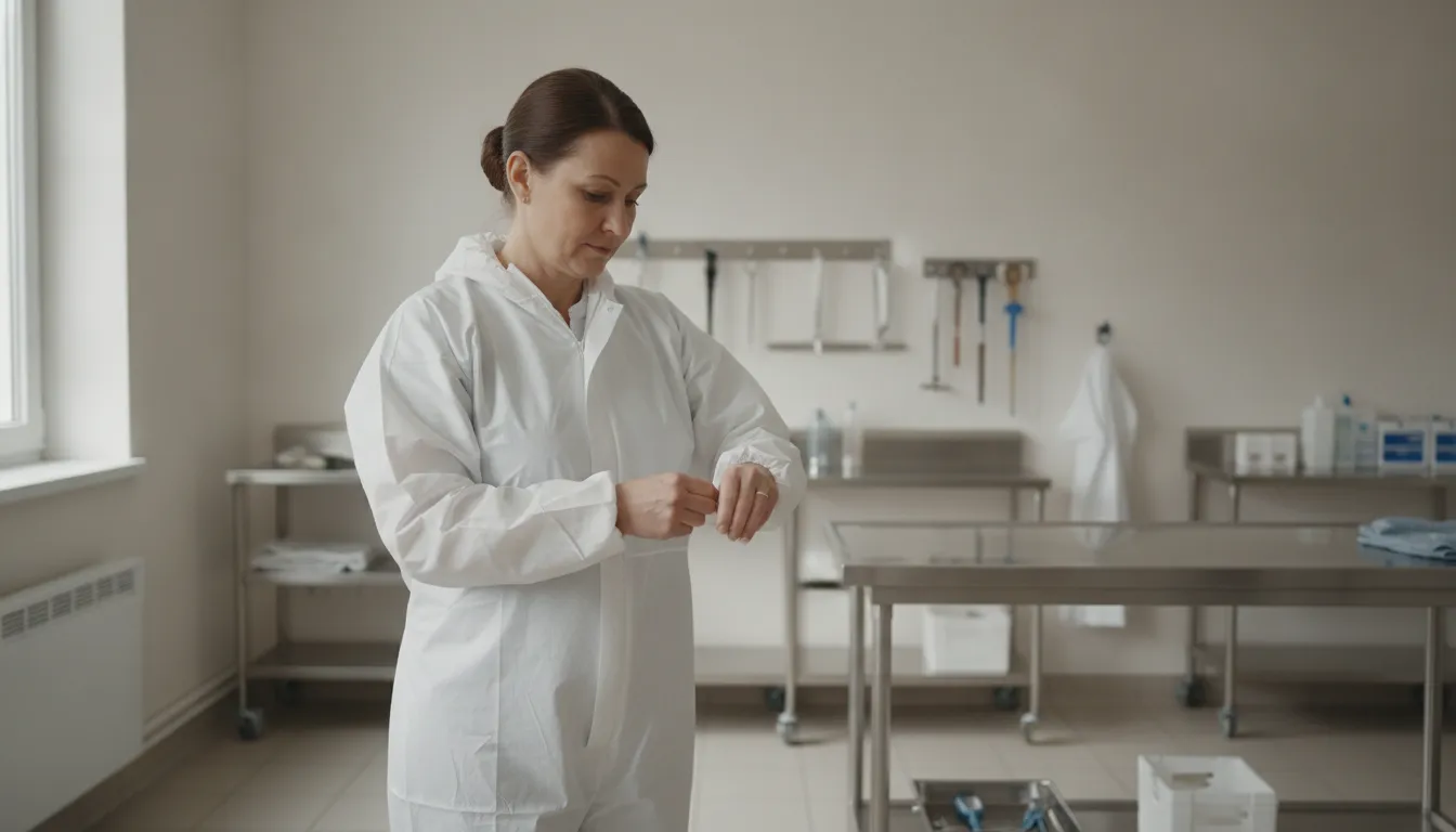 Funeral professional reviewing a plain disposable protective suit in a preparation room