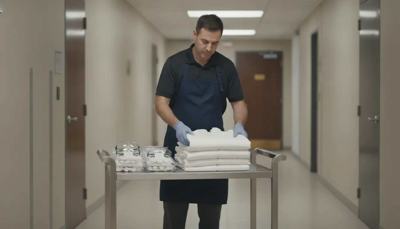 Funeral service professional organizing plain disposable protective coveralls for a removal workflow