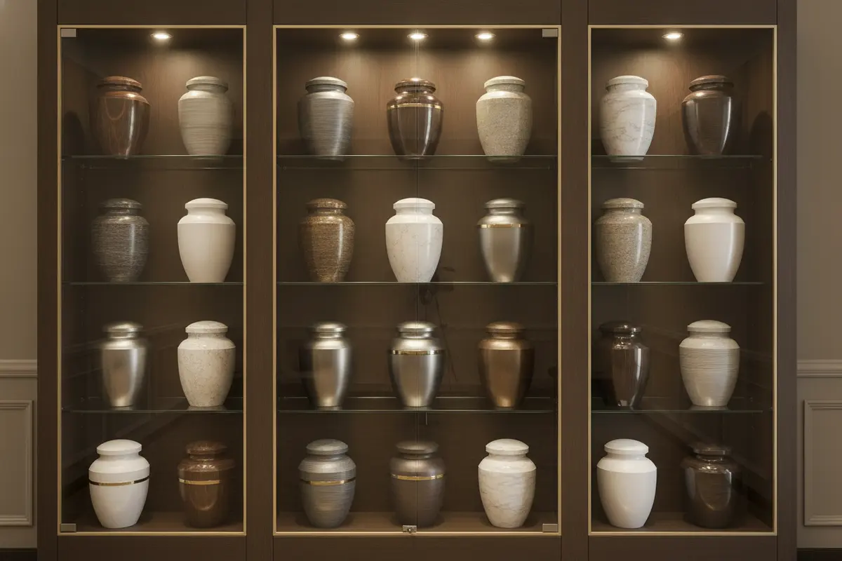 Urns spaced on shelves inside a glass-front display case in a funeral home