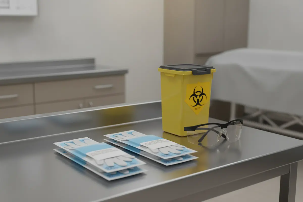 Workstation with task-appropriate gloves and a sharps container arranged within reach