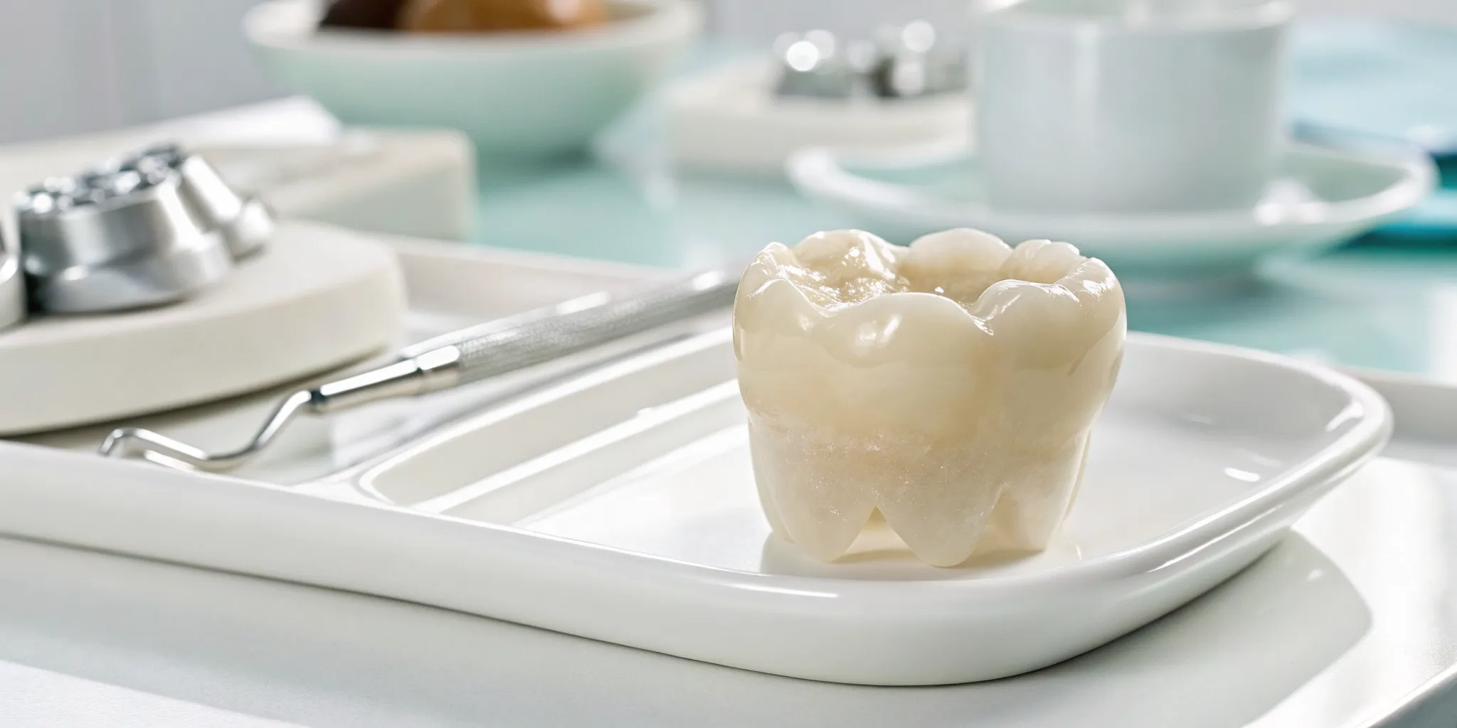 Zirconia crown on a dental tray, a source of common problems with dental crowns.