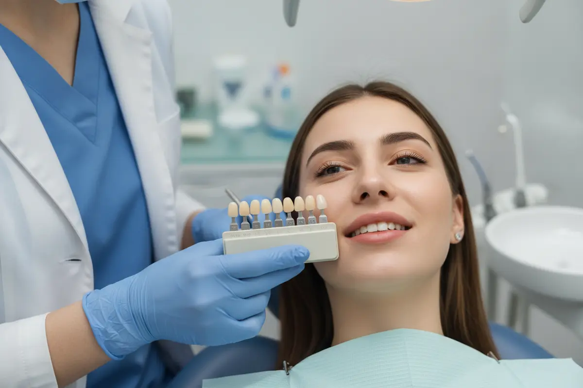 A dental professional compares tooth shades while planning a natural-looking restoration
