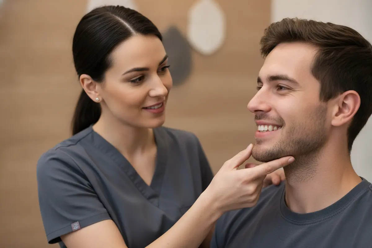 A dentist considers a patient