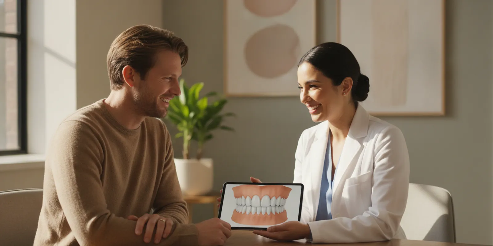 A patient discussing smile goals with a prosthodontist in a bright dental consultation room
