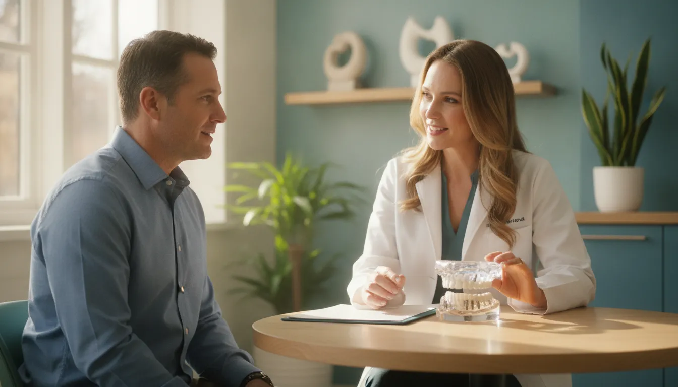 Prosthodontist discussing all on 4 dental implants with a patient