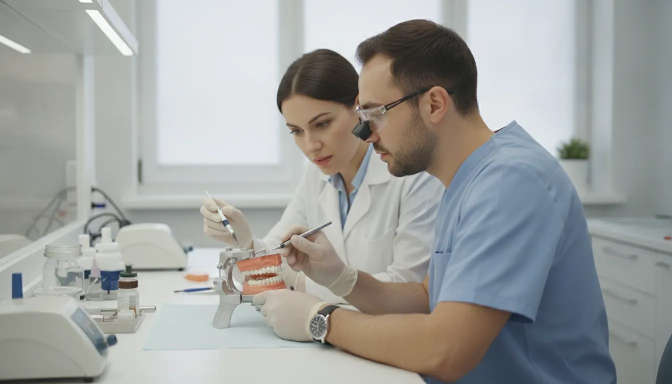 Prosthodontist and technician checking the fit of a full-arch implant bridge on a jaw model