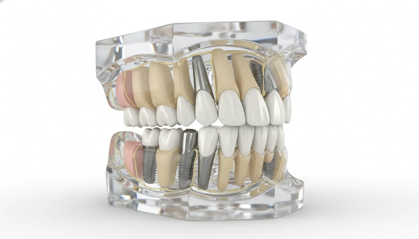 Full-arch dental bridge supported by four implants in a jaw model