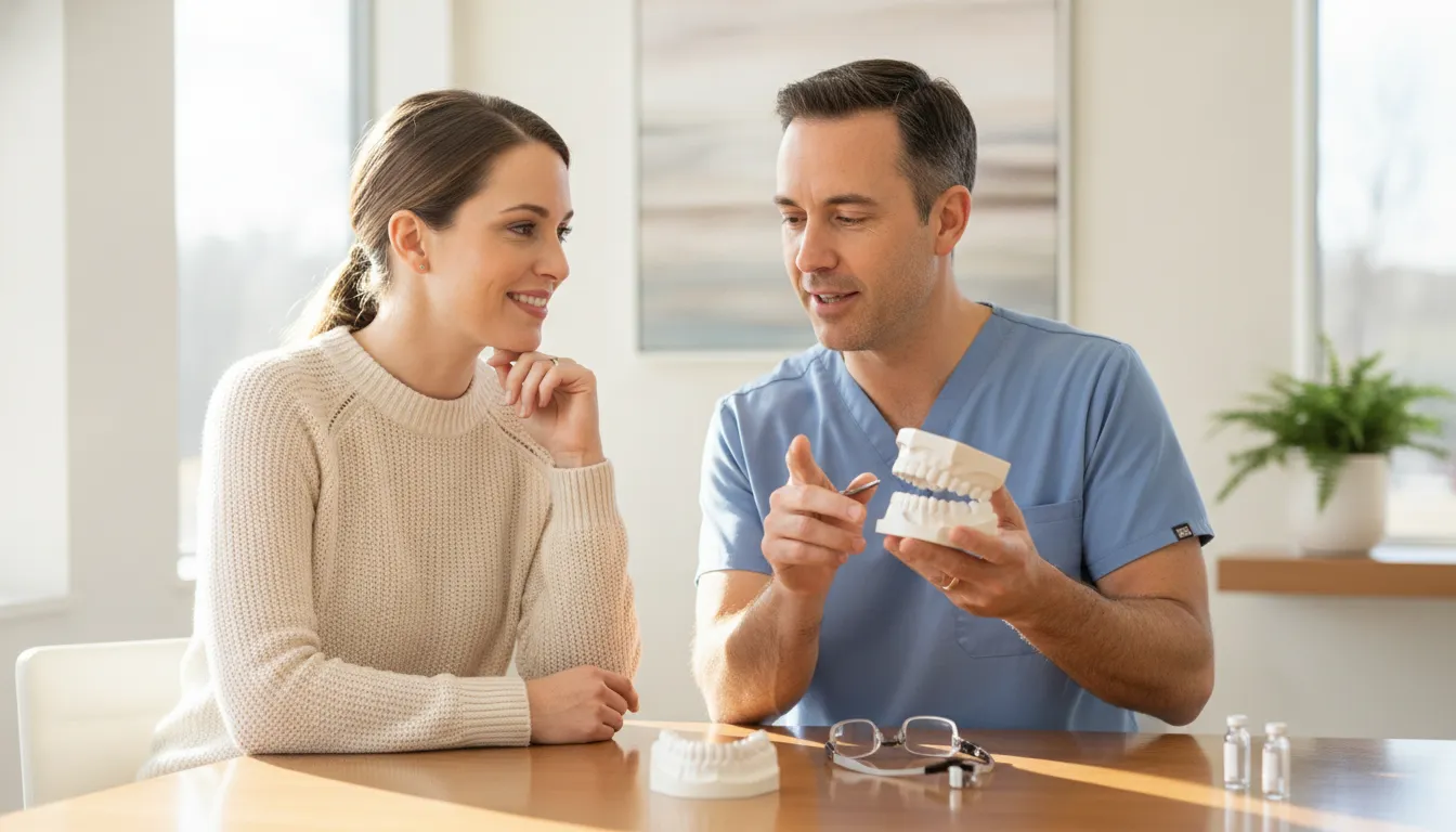 Dentist discussing a natural-looking smile enhancement with a patient