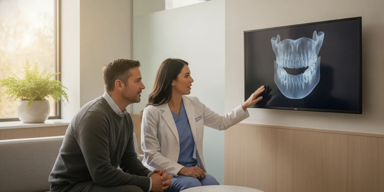 Dental professional reviewing a digital dental implant plan with a patient