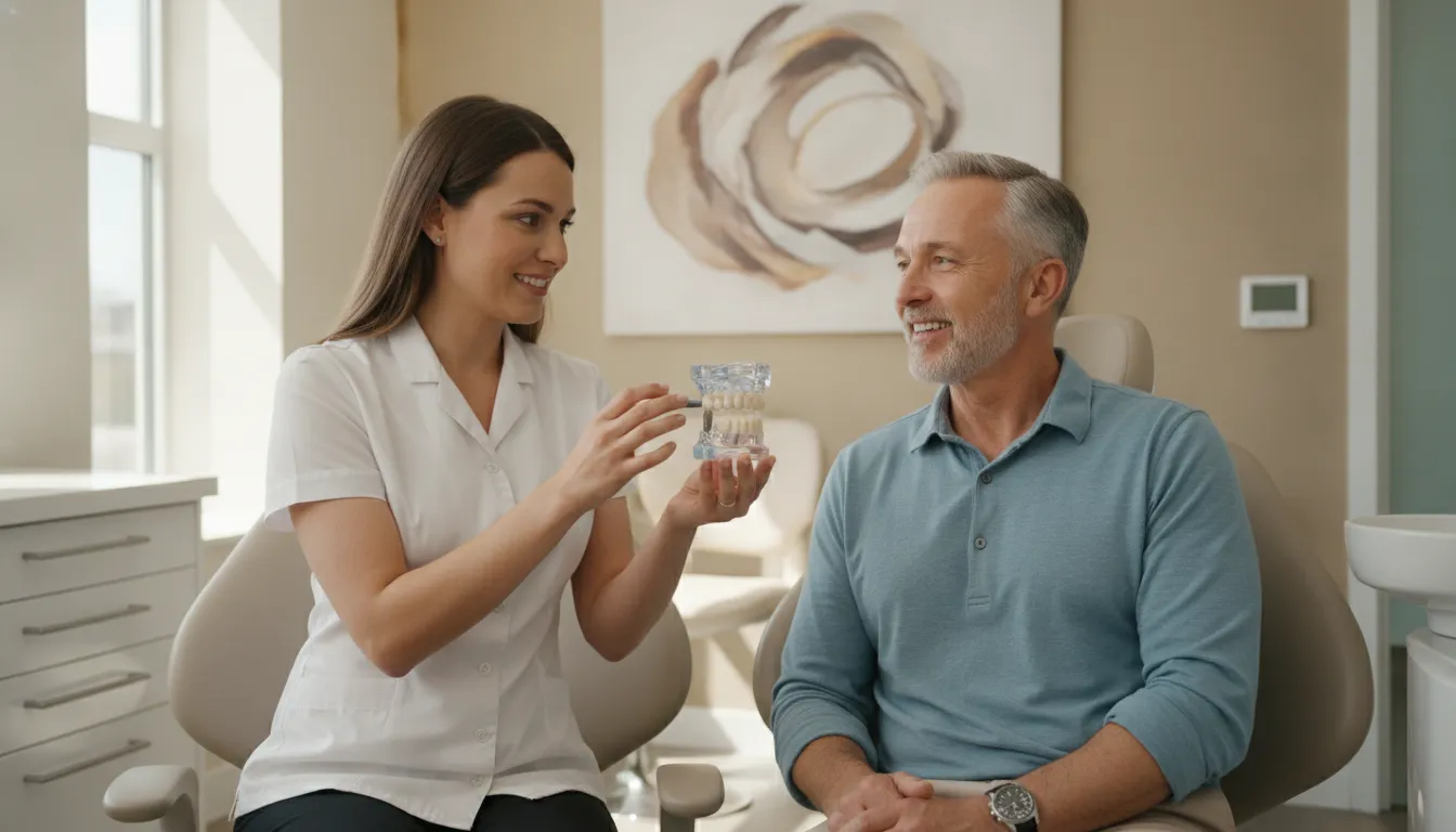 Older adult patient in a dental implant consultation with a specialist