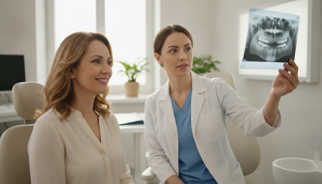 Warm consultation with a prosthodontist reviewing tooth replacement for a patient with gum disease