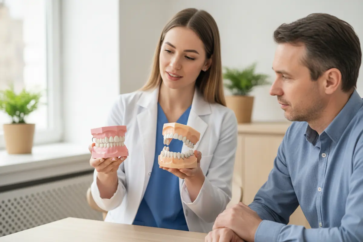 Dental professional comparing a fixed bridge and a removable tooth-replacement option