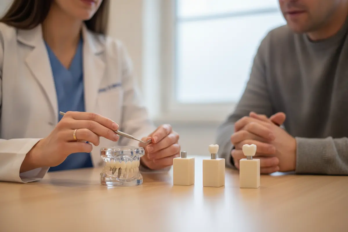 Dental professional explaining implant treatment stages to a patient