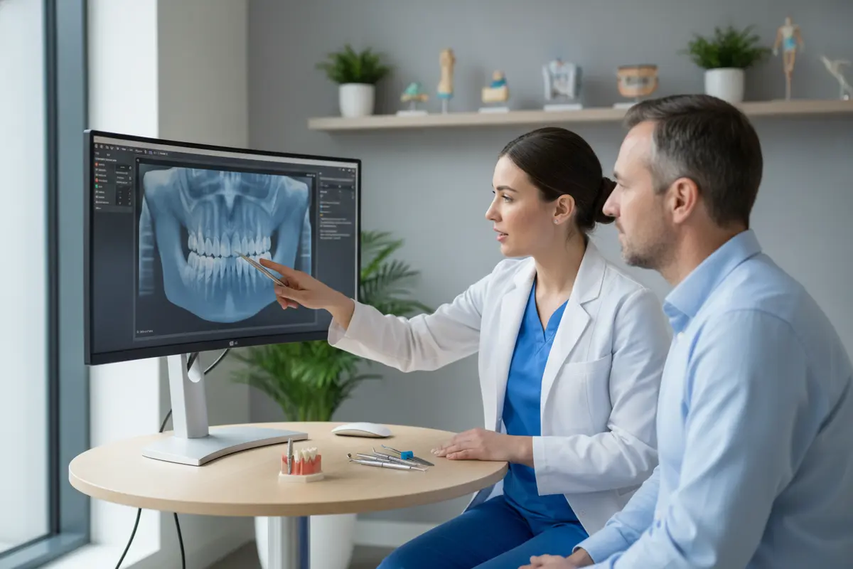 Dental specialist reviewing a three-dimensional scan and discussing implant planning with a patient