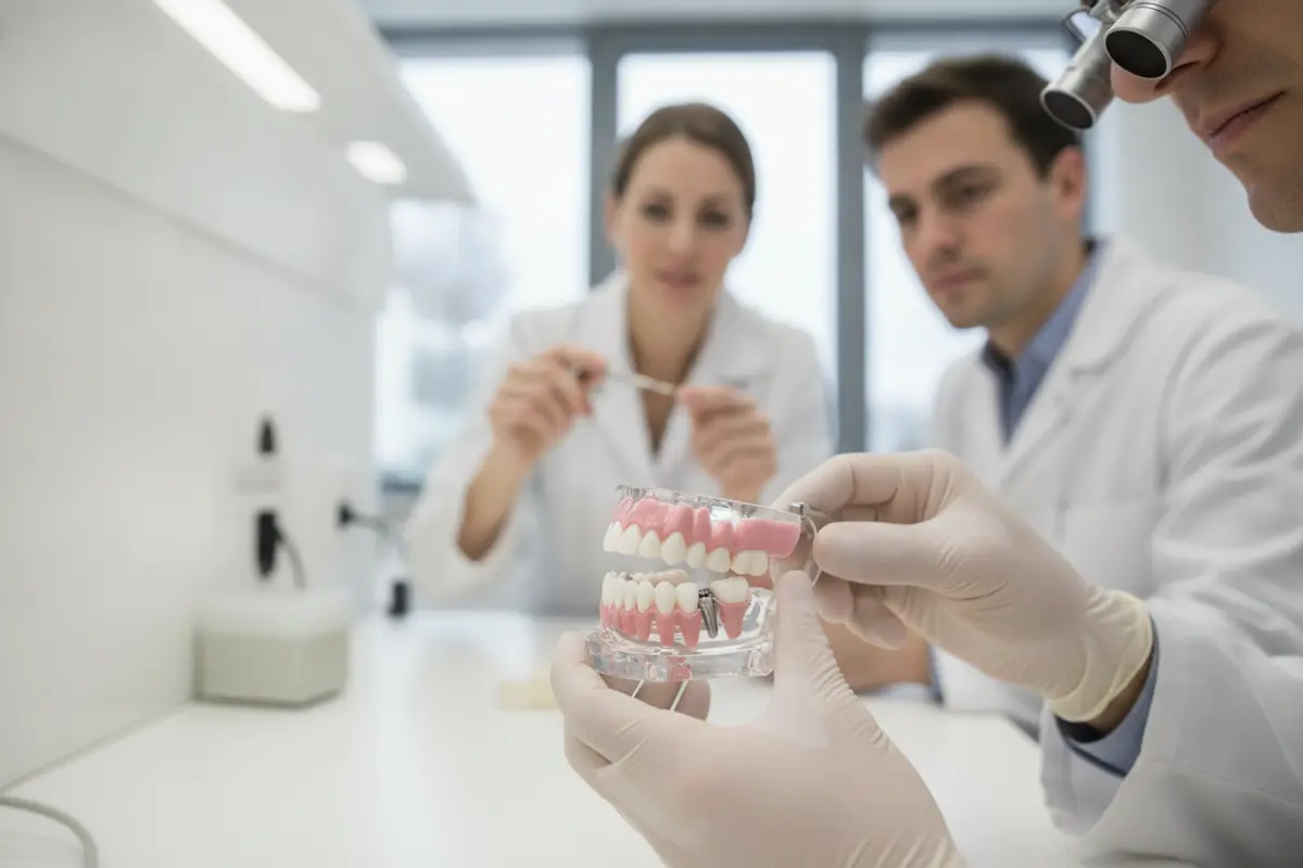 Dental team reviewing the design of a custom final implant prosthesis