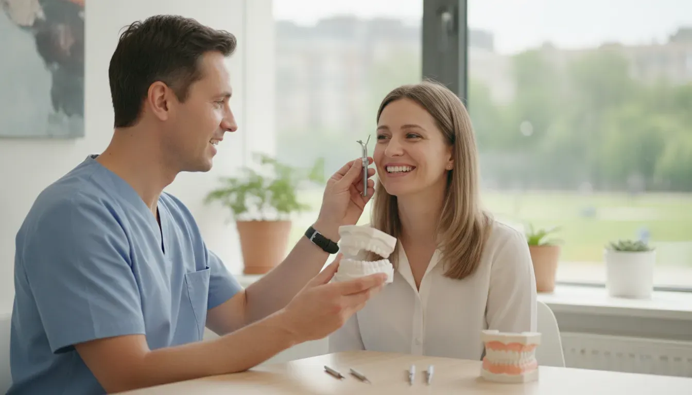 Prosthodontist reviewing a custom smile design with a dental model