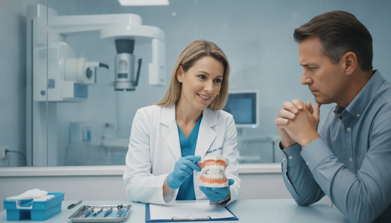 Prosthodontist consulting with a patient about dental implant retreatment options in a modern dental office
