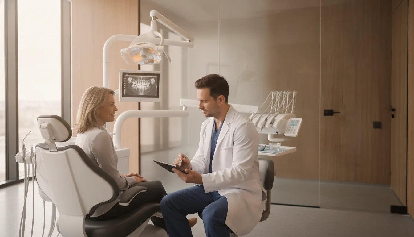 Patient speaking with a prosthodontist during a dental implant consultation