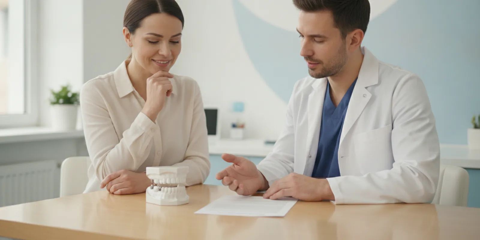 Patient reviewing a dental implant treatment estimate with a dental care professional