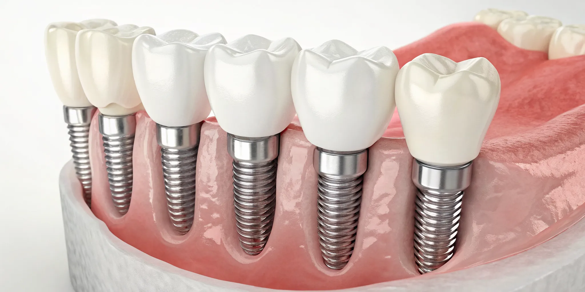 A fixed bridge dental implant supported by multiple posts in a gum model.