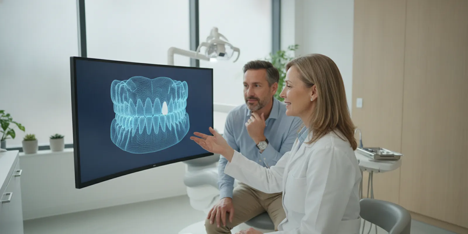 Dentist reviewing a full-mouth reconstruction plan with a patient using a digital dental model