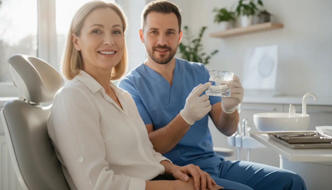 A confident patient in a bright dental office speaking with a prosthodontist about dental implant treatment